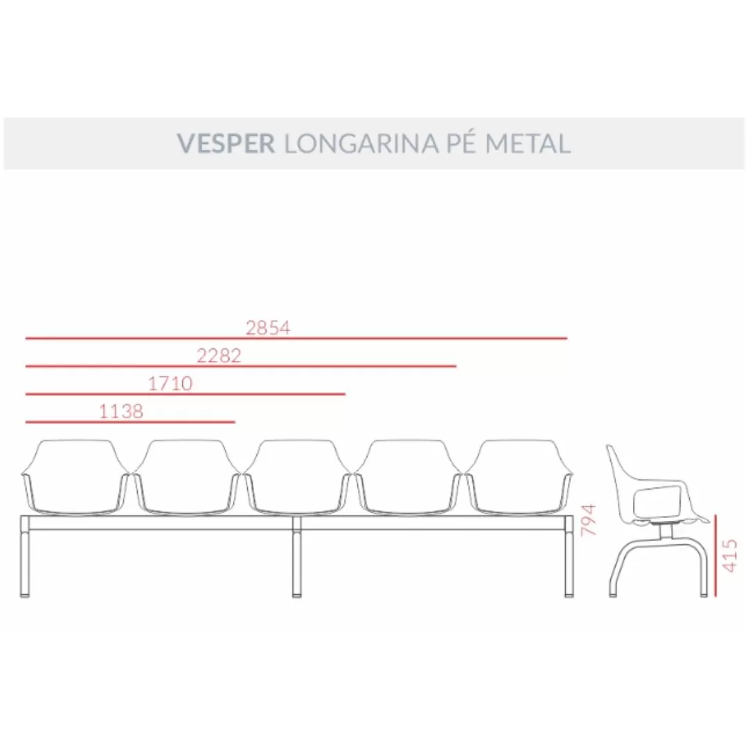 Longarina Polipropileno Vesper 5 Lugares - Pés Metal Preto plaxmetal