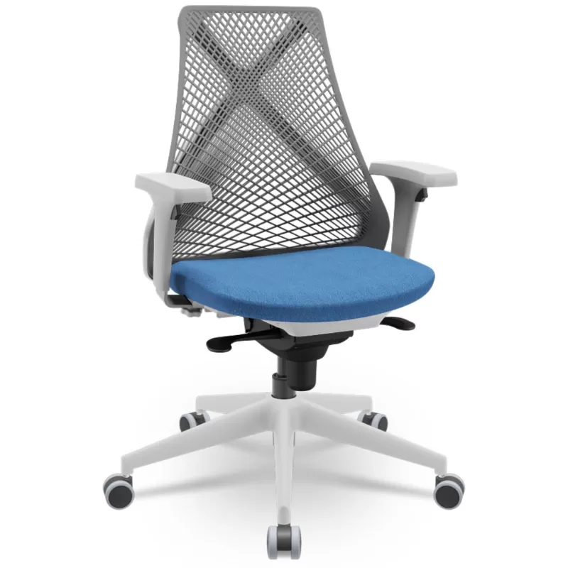 Cadeira Ergonômica BIX X+ Grey - Syncron + Base Itália + Tela Cinza - Assento Azul Claro