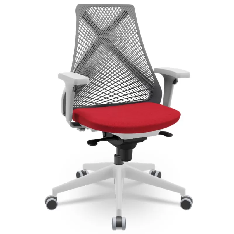 Cadeira Ergonômica BIX X+ Grey - Syncron + Base Itália + Tela Cinza - Assento Vermelho