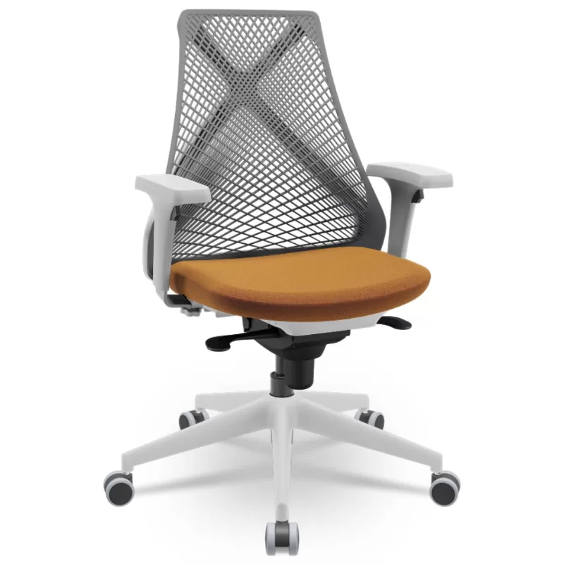 Cadeira Ergonômica BIX X+ Grey - Syncron + Base Itália + Tela Cinza - Assento Buclê Laranja